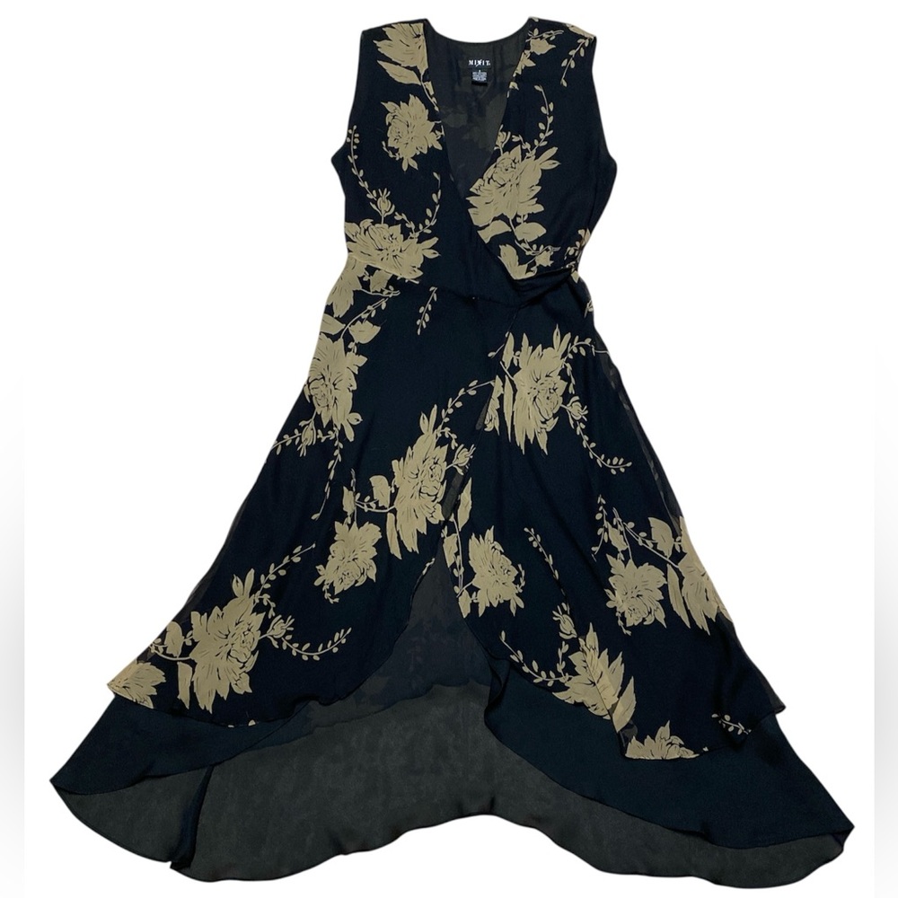 Y2K MiXit Wrap Dress Women’s 8 Black Silk Floral Sleeveless Casual V Neck Midi